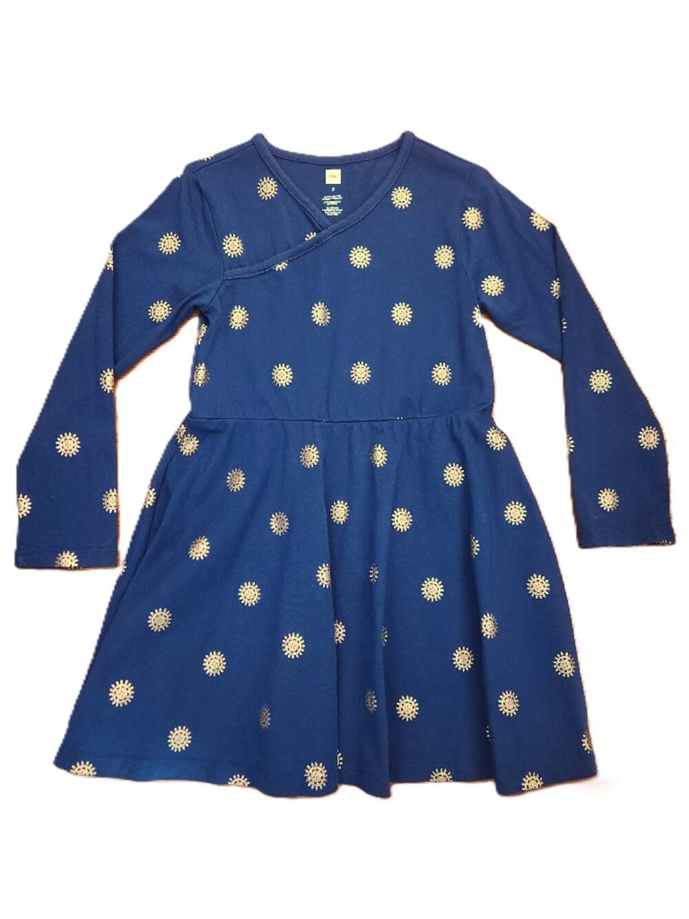 Tea Collection Full Skirt Wrap Neck Blue Girls Dress Gold Suns Size 5 Years
